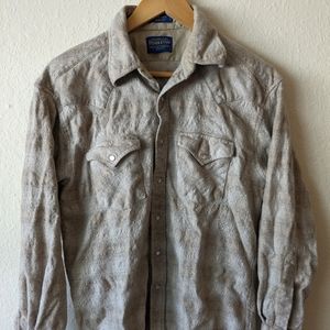 EUC Pendleton Canyon Men's LARGE Beige Plaid 100% Wool Snap Long Sleeve Shirt